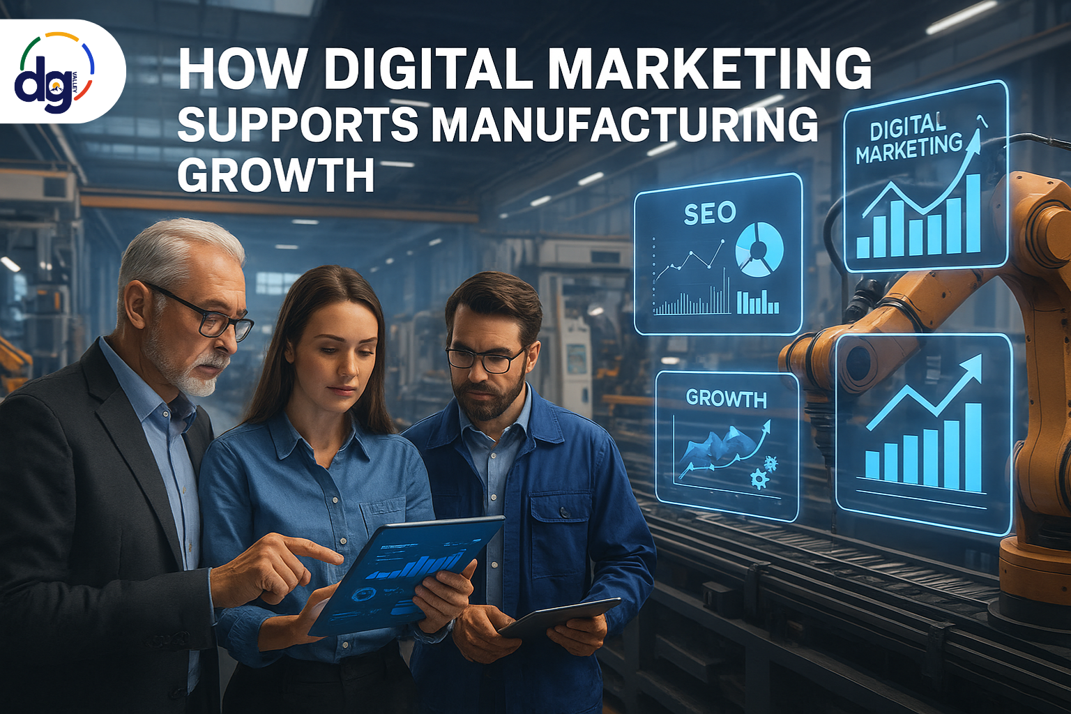 Manufacturing industry professionals analyzing digital marketing data, SEO analytics, and growth charts for business expansion